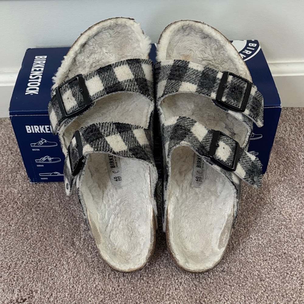 Birkenstock Arizona Rivet Plaid White Shearling Sandals Slides